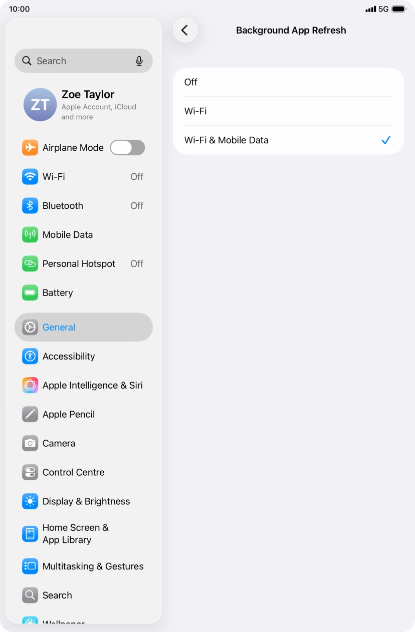 To turn off background refresh of apps, press Off. To turn off background refresh of apps, press Off.