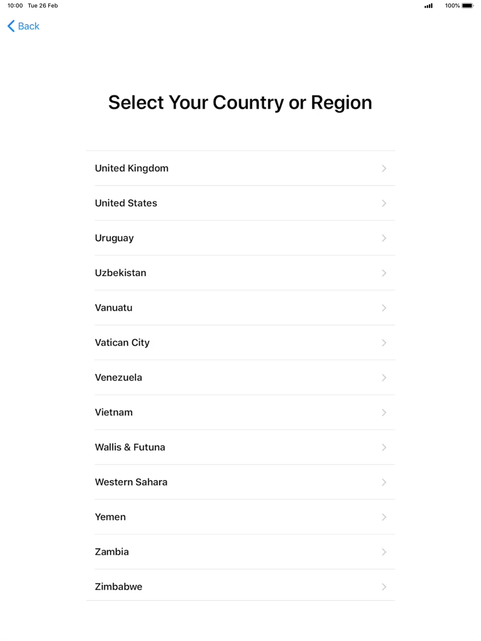 Press the required country or area. Press the required country or area.