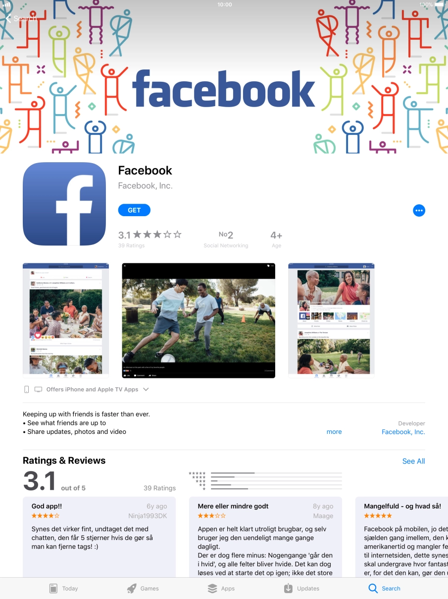 Press GET and follow the instructions on the screen to install Facebook. Press GET and follow the instructions on the screen to install Facebook.