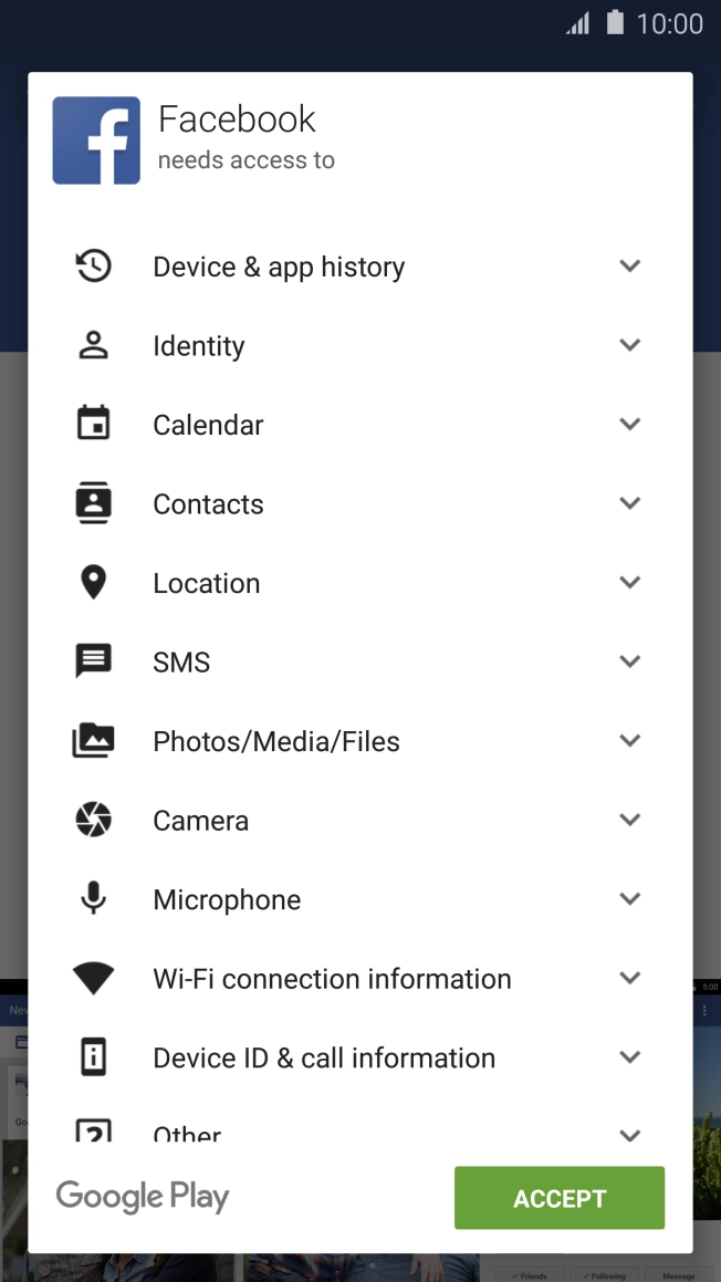 Press ACCEPT and wait while Facebook is installed. Press ACCEPT and wait while Facebook is installed.