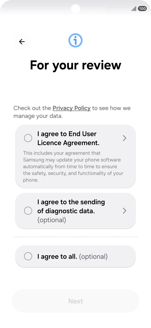 Press the fields next to the required settings to select them. Press the fields next to the required settings to select them.