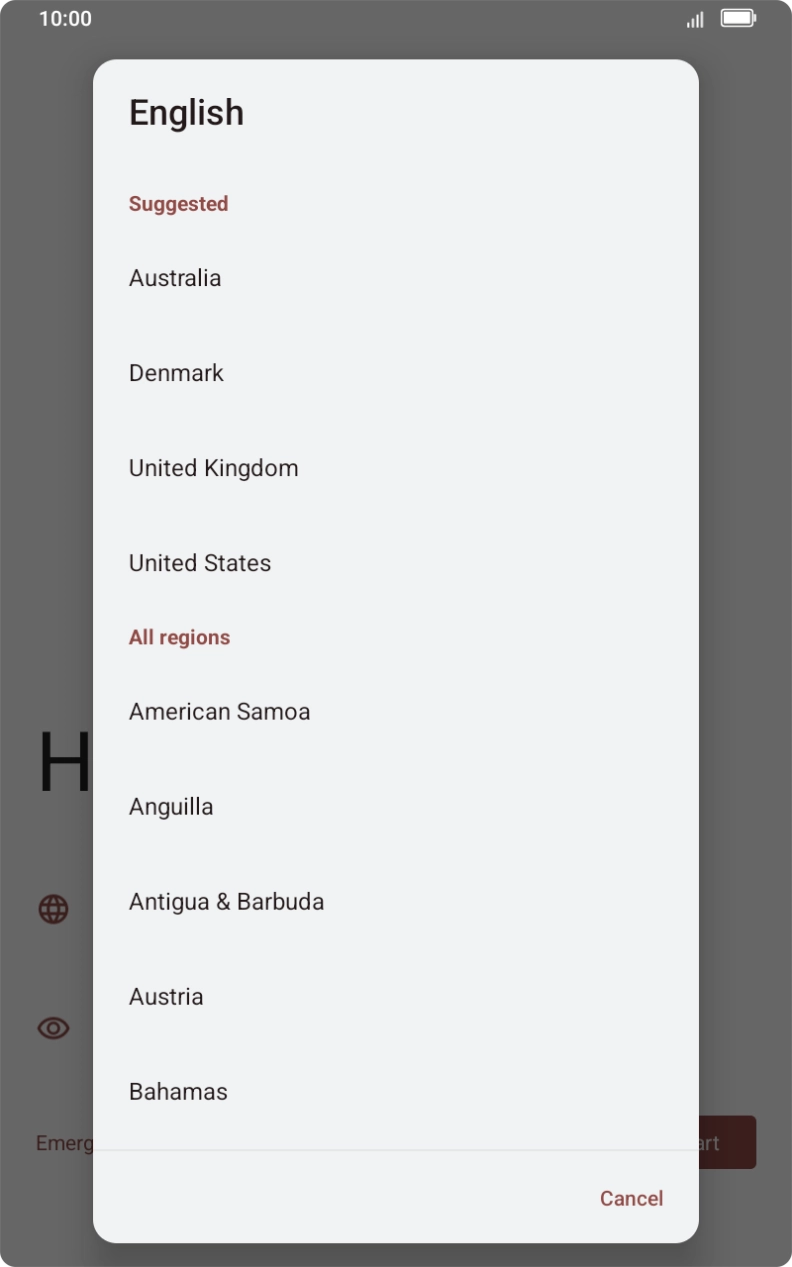 Press the required country or area. Press the required country or area.