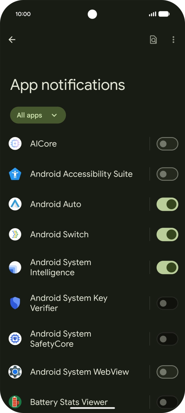 Press the indicator next to the required apps to turn the function on or off. Press the indicator next to the required apps to turn the function on or off.