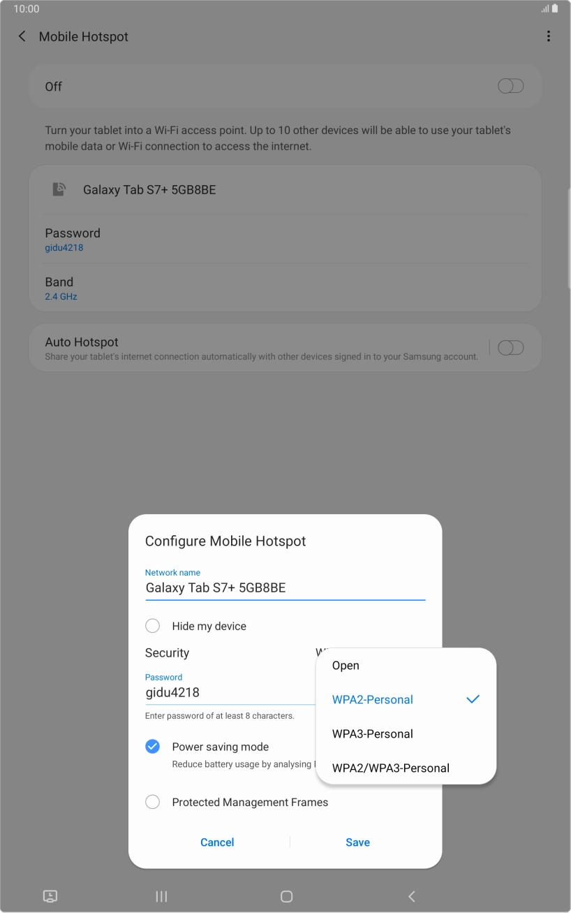Press WPA2-Personal to password protect your Wi-Fi hotspot. Press WPA2-Personal to password protect your Wi-Fi hotspot.