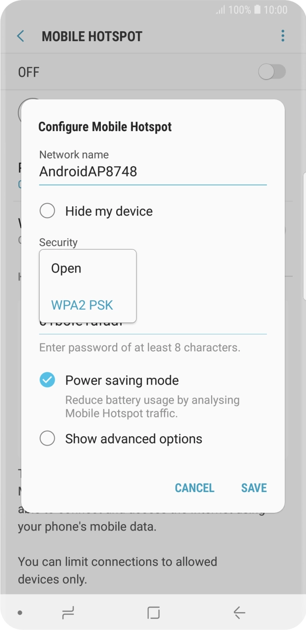 Press WPA2 PSK to password protect your Wi-Fi hotspot. Press WPA2 PSK to password protect your Wi-Fi hotspot.