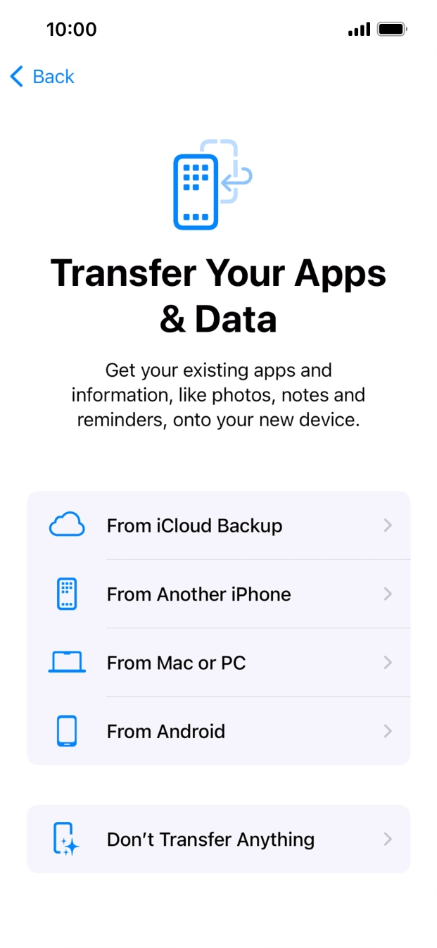 You can transfer content from an Android phone to your phone when it's activated for the first time and after a factory reset. When this screen is displayed, your phone is ready to transfer content from an Android phone. You can transfer content from an Android phone to your phone when it's activated for the first time and after a factory reset. When this screen is displayed, your phone is ready to transfer content from an Android phone.
