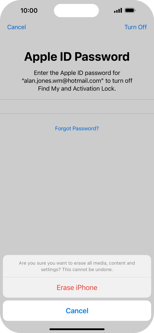 Key in the password for your Apple ID and press Erase iPhone. Wait a moment while the factory default settings are restored. Follow the instructions on the screen to set up your phone and prepare it for use. Key in the password for your Apple ID and press Erase iPhone. Wait a moment while the factory default settings are restored. Follow the instructions on the screen to set up your phone and prepare it for use.