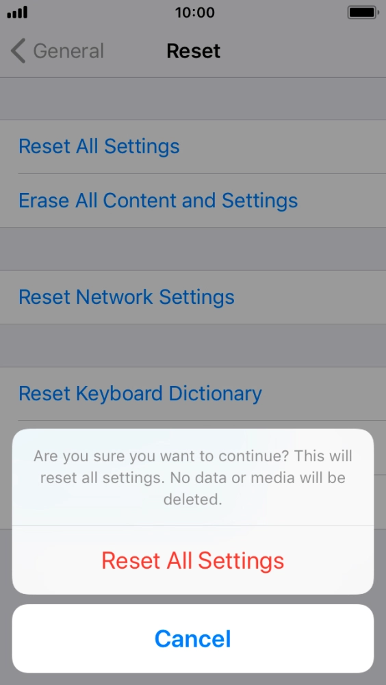 Press Reset All Settings. Wait a moment while the factory default settings are restored. Follow the instructions on the screen to set up your phone and prepare it for use. Press Reset All Settings. Wait a moment while the factory default settings are restored. Follow the instructions on the screen to set up your phone and prepare it for use.
