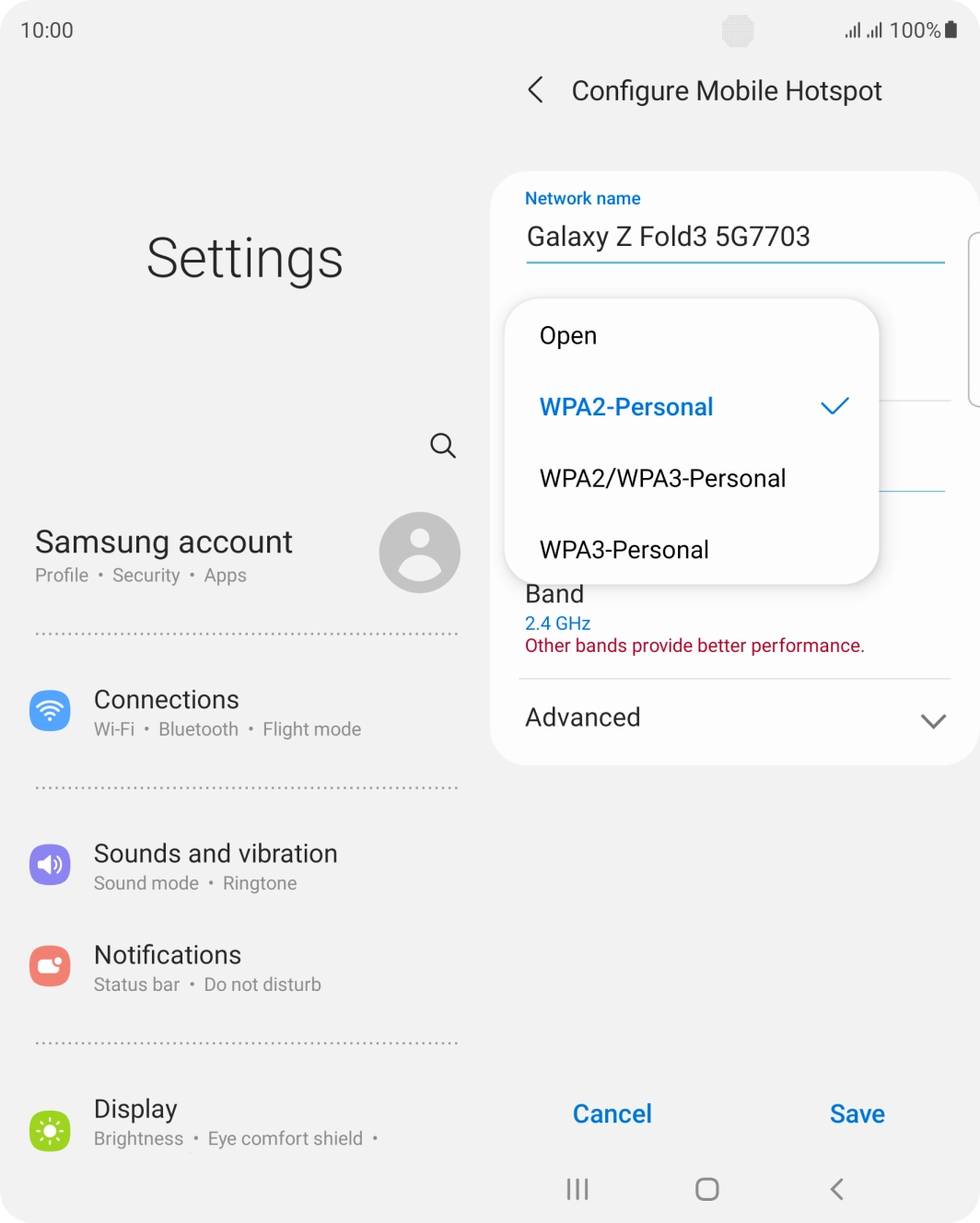 Press WPA3-Personal to password protect your Wi-Fi hotspot. Press WPA3-Personal to password protect your Wi-Fi hotspot.