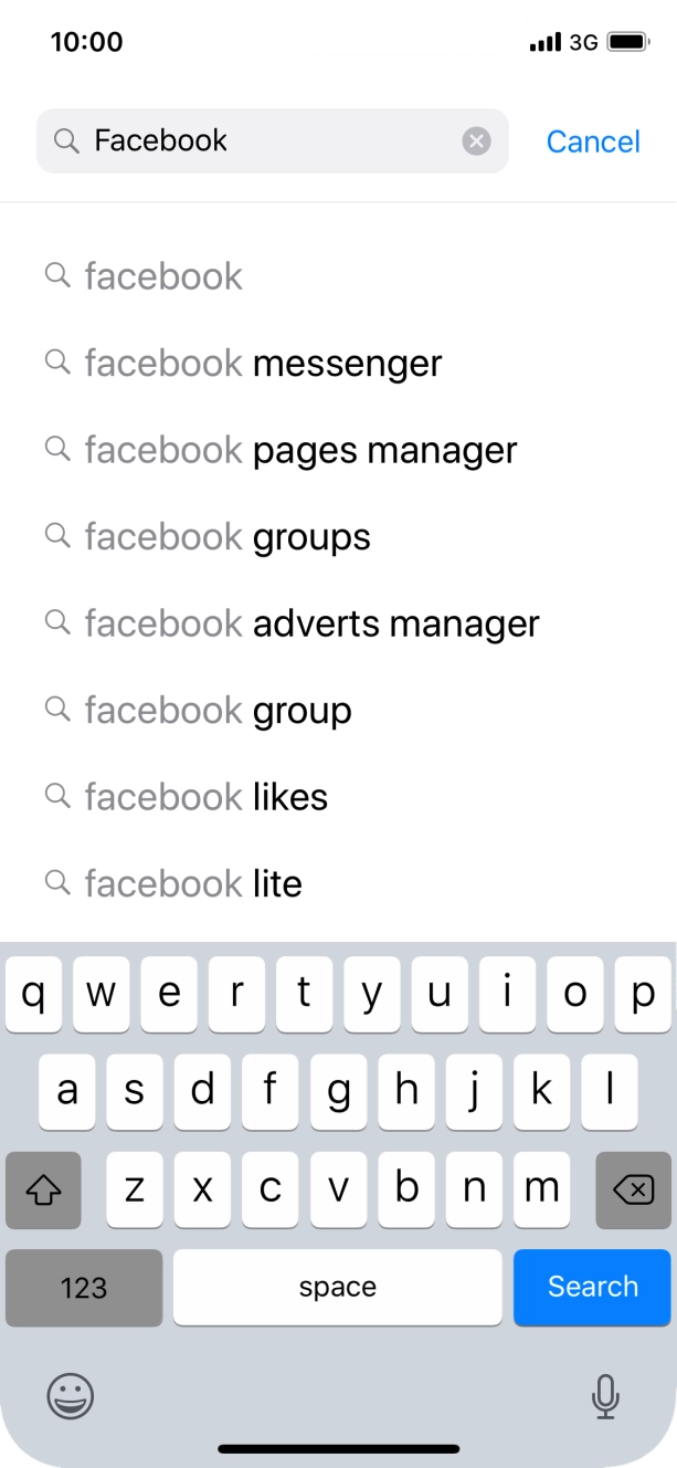Key in Facebook and press Search. Key in Facebook and press Search.