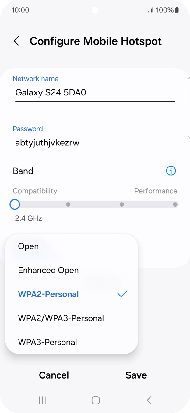 Press WPA3-Personal to password protect your Wi-Fi hotspot. Press WPA3-Personal to password protect your Wi-Fi hotspot.