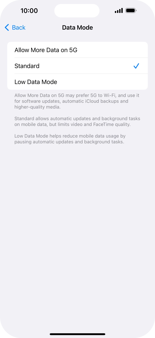 Press the required setting. Press the required setting.