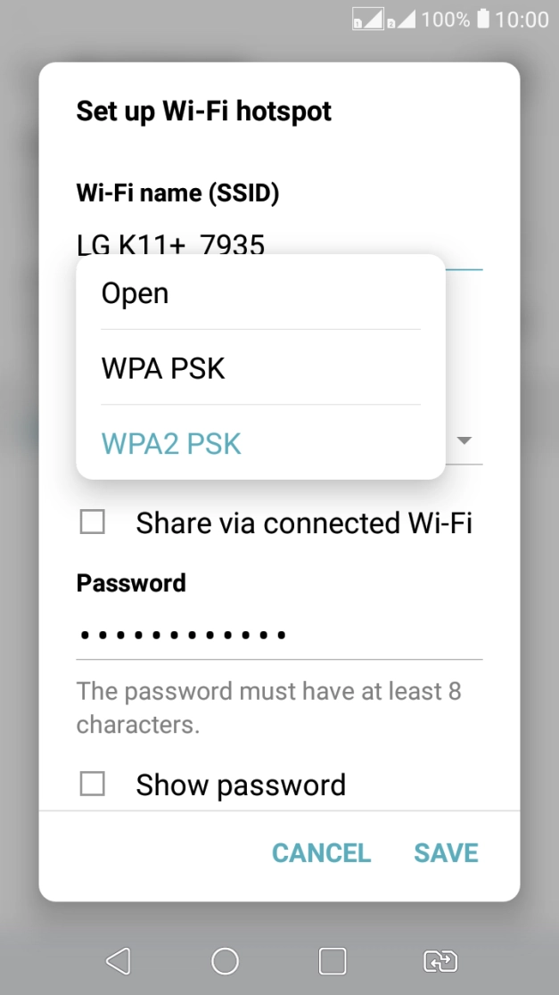 Press WPA2 PSK to password protect your Wi-Fi hotspot. Press WPA2 PSK to password protect your Wi-Fi hotspot.