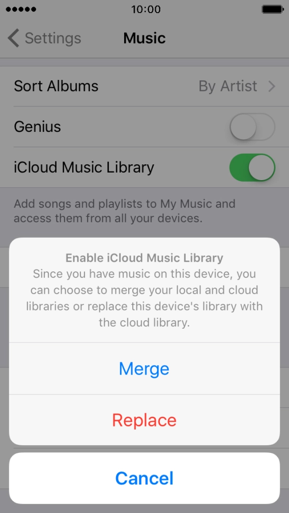 Press Merge to merge the music library on your phone with the iCloud Music Library. Press Merge to merge the music library on your phone with the iCloud Music Library.