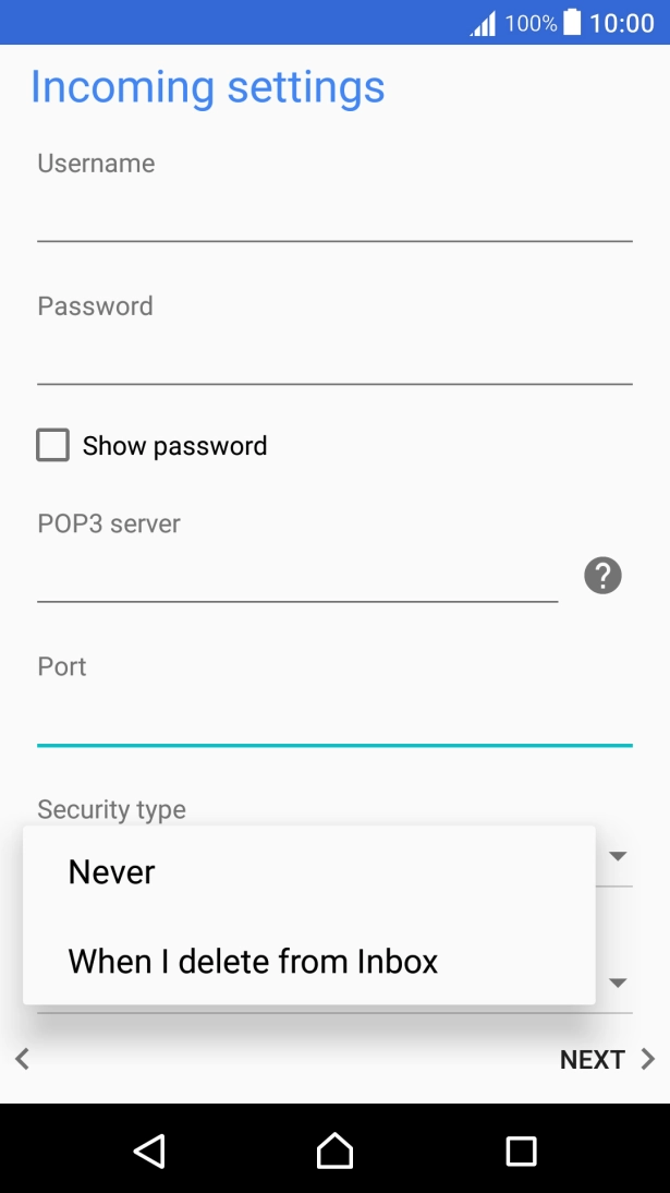 Press Never to keep email on the server when you delete them on your phone. Press Never to keep email on the server when you delete them on your phone.