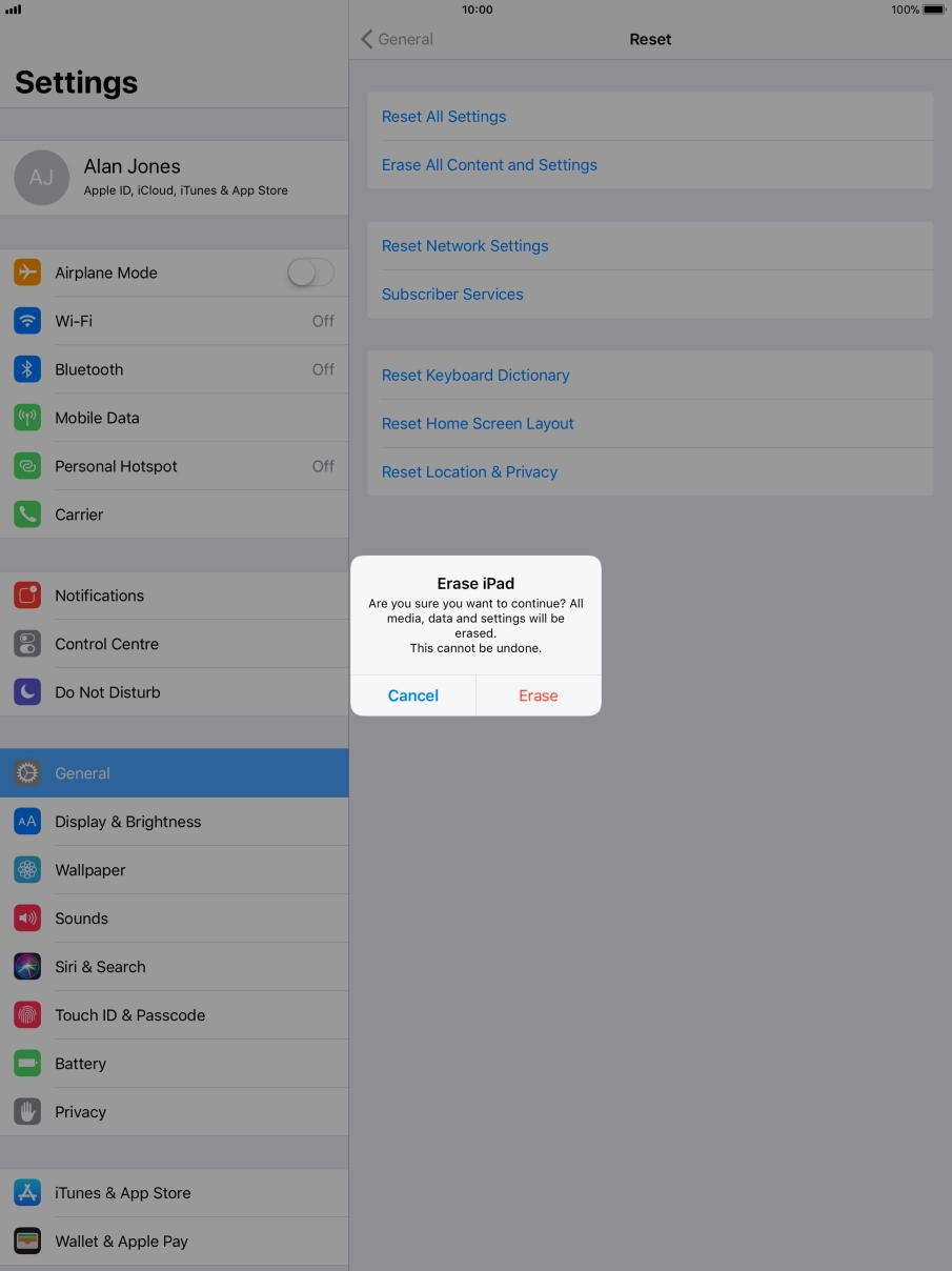 Press Erase. Wait a moment while the factory default settings are restored. Follow the instructions on the screen to set up your tablet and prepare it for use.