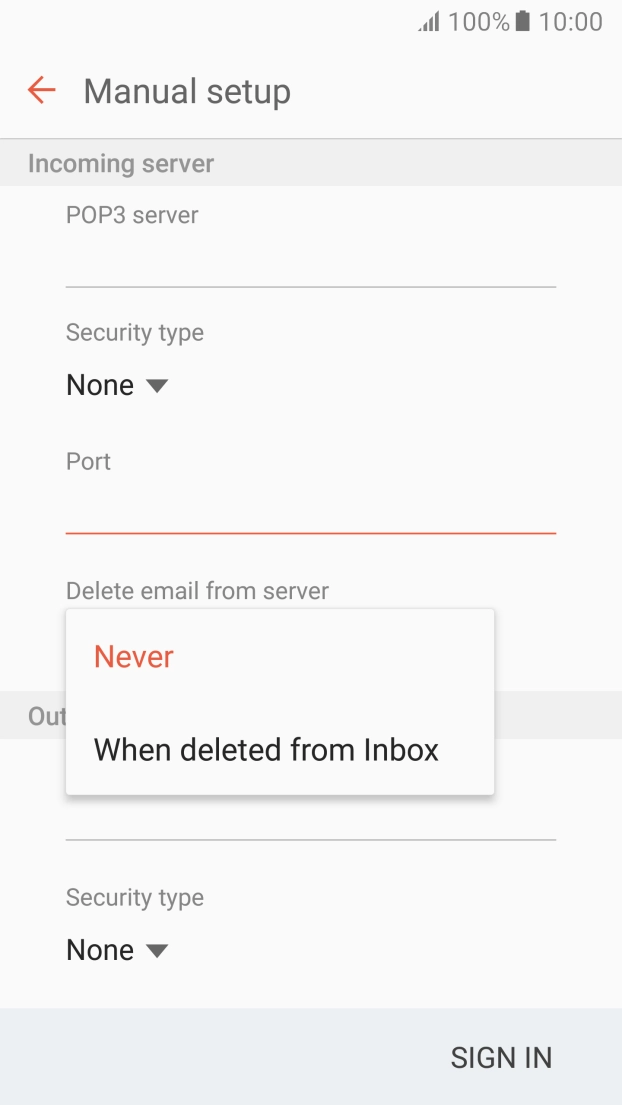 Press Never to keep email on the server when you delete them on your phone. Press Never to keep email on the server when you delete them on your phone.