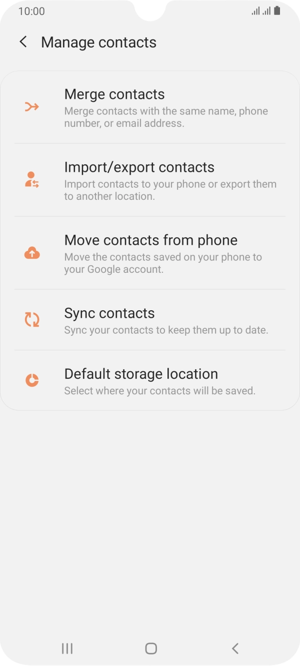 Press Import/export contacts. Press Import/export contacts.