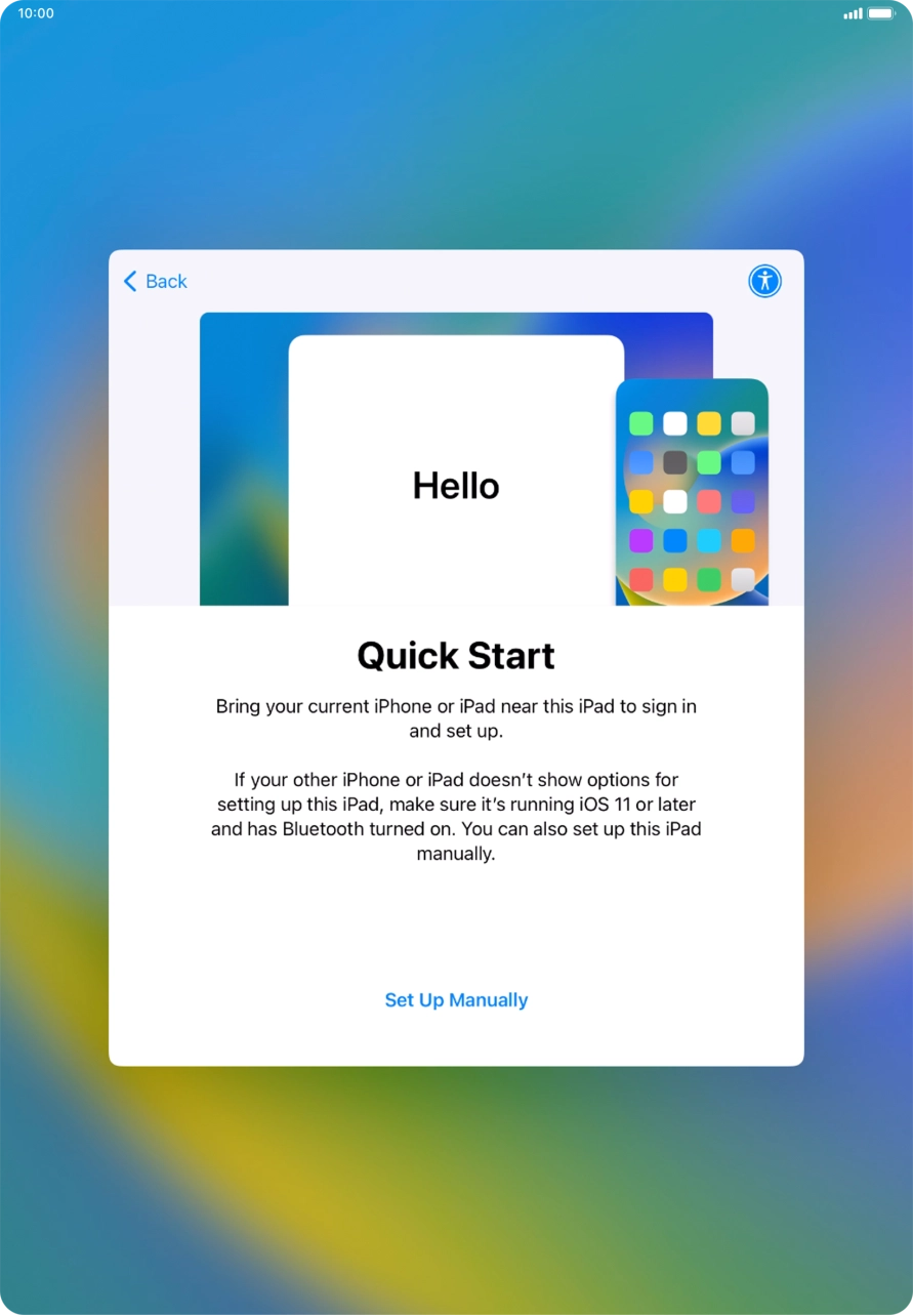Follow the instructions on the screen to transfer content from another device running iOS 11 or later or press Set Up Manually. Follow the instructions on the screen to transfer content from another device running iOS 11 or later or press Set Up Manually.