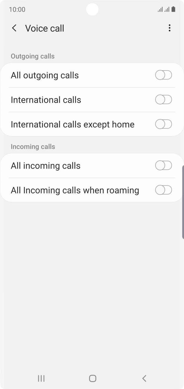 Press the indicator next to the required barring type to turn the function on or off. Press the indicator next to the required barring type to turn the function on or off.