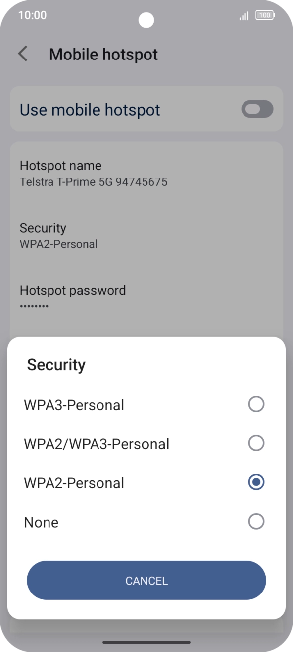 Press WPA3-Personal to password protect your Wi-Fi hotspot. Press WPA3-Personal to password protect your Wi-Fi hotspot.