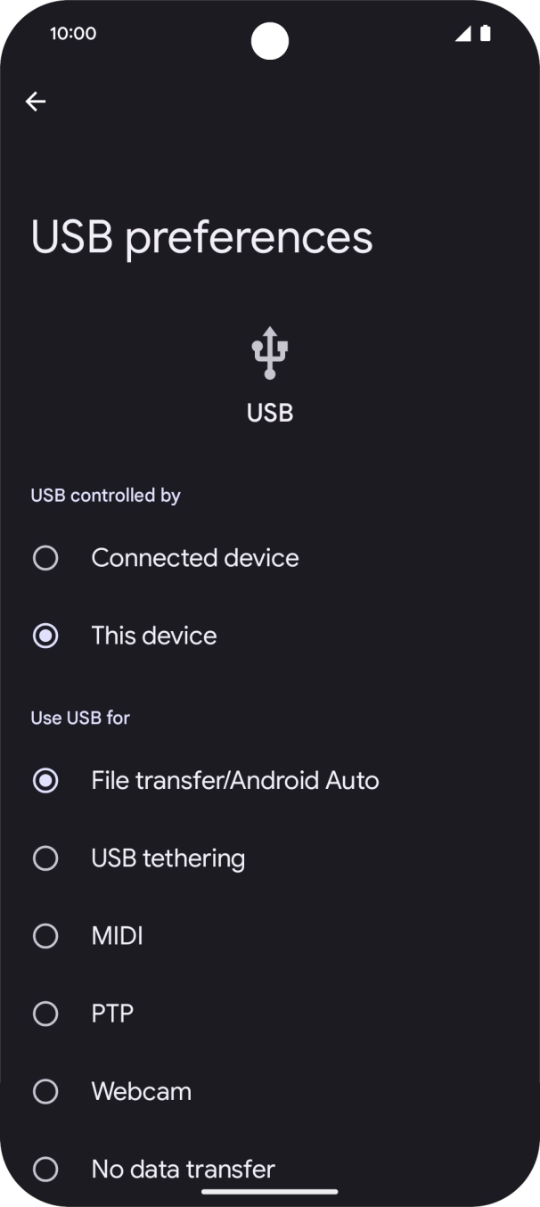 Press File transfer/Android Auto. Press File transfer/Android Auto.
