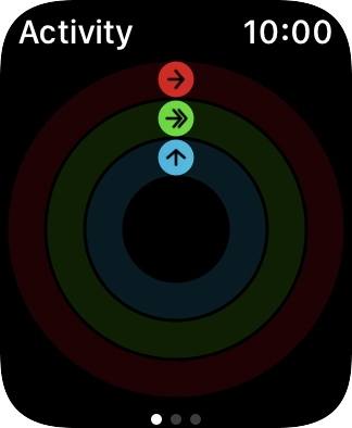 The screen will tell you how far you are from completing your daily activity goals. When the coloured rings are closed, you've reached the goals of your daily activity. The screen will tell you how far you are from completing your daily activity goals. When the coloured rings are closed, you've reached the goals of your daily activity.