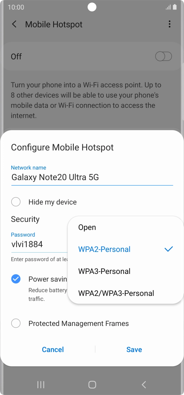 Press WPA2-Personal to password protect your Wi-Fi hotspot. Press WPA2-Personal to password protect your Wi-Fi hotspot.