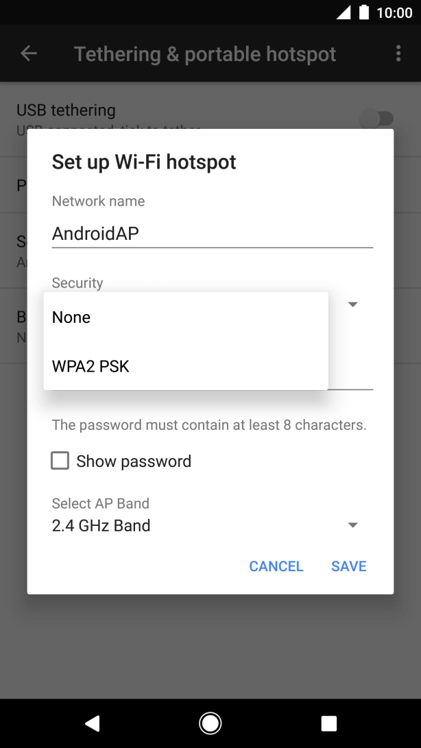 Press WPA2 PSK to password protect your Wi-Fi hotspot. Press WPA2 PSK to password protect your Wi-Fi hotspot.
