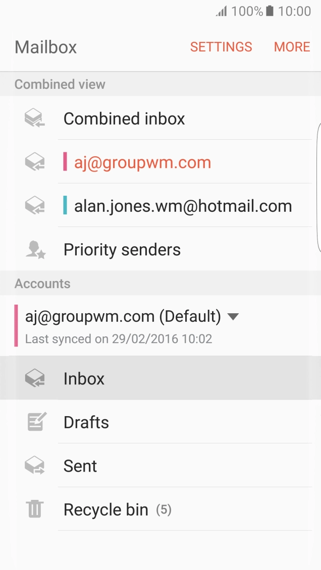Press the required email account. Press the required email account.