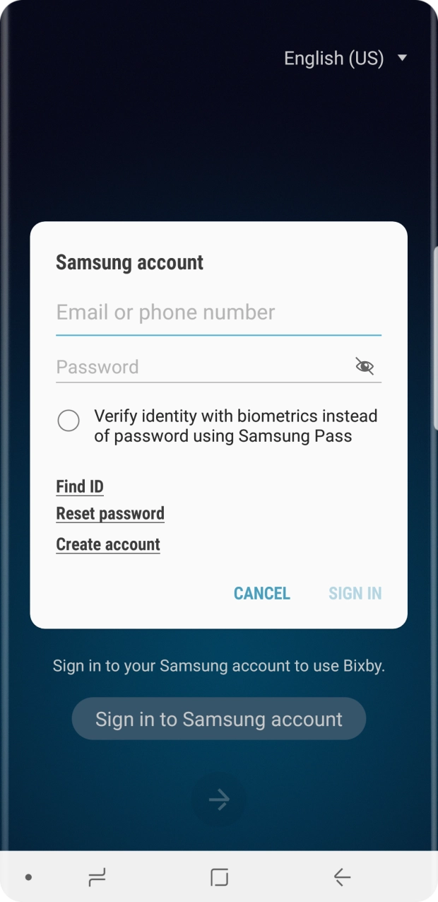 If you don't have a Samsung account, press Create account and follow the instructions on the screen to create an account. If you don't have a Samsung account, press Create account and follow the instructions on the screen to create an account.