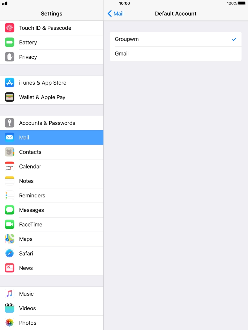 Press the required email account to select the email account as your default account. Press the required email account to select the email account as your default account.