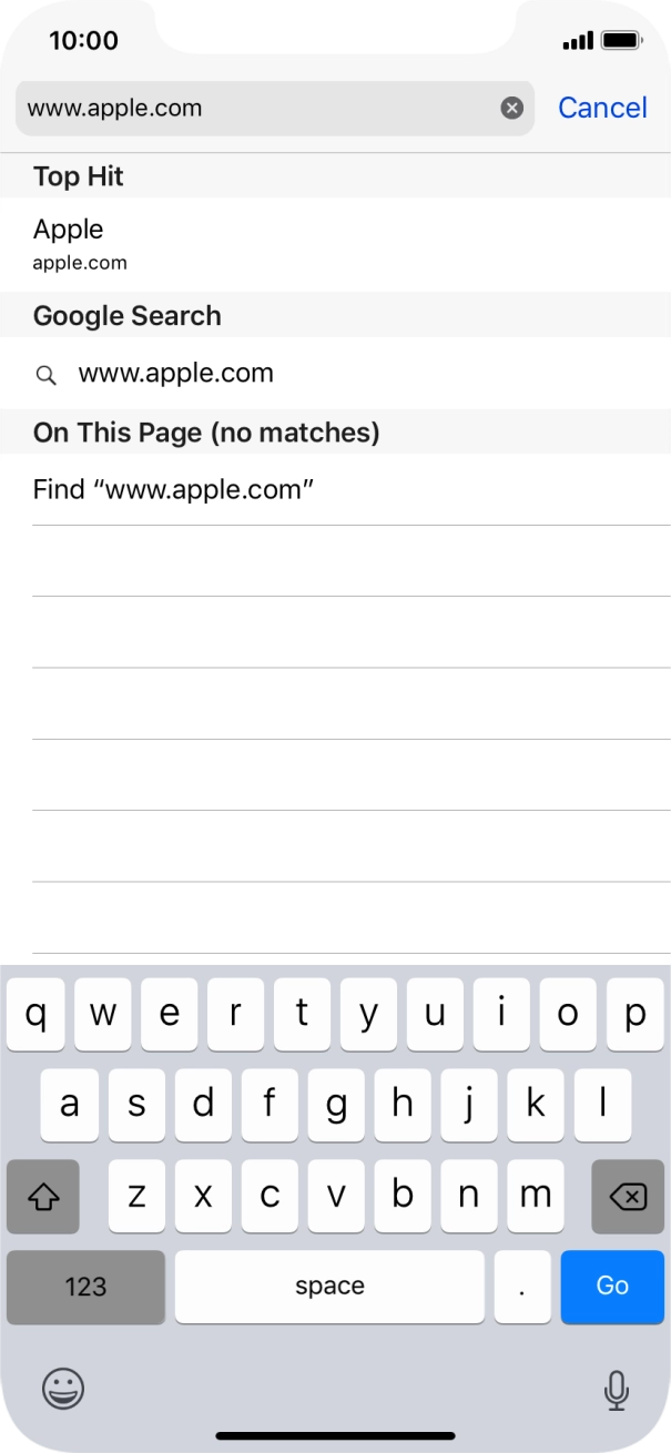 Key in the address of the required web page and press Go.