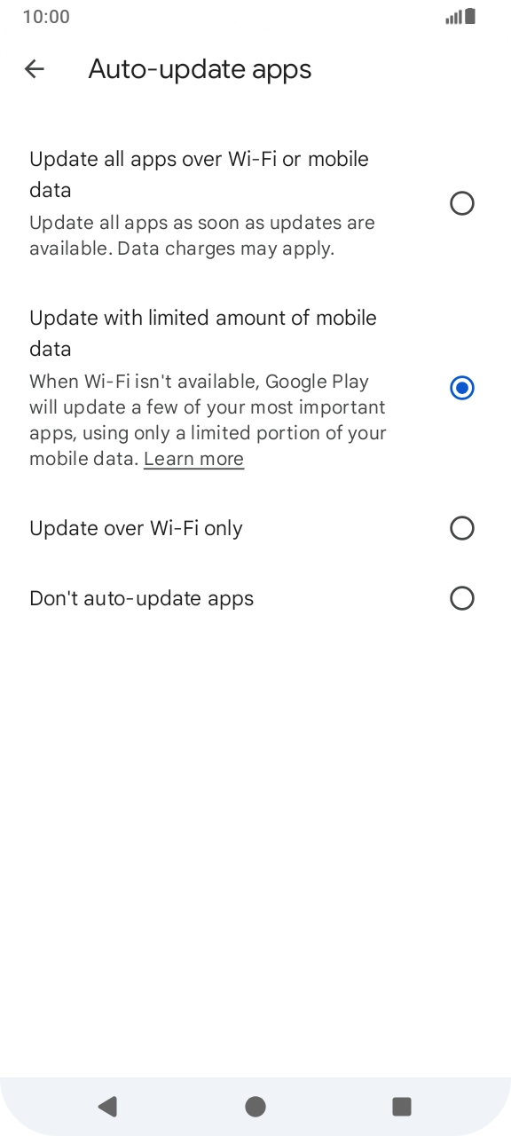 To turn on automatic update of apps using mobile network, press Update all apps over Wi-Fi or mobile data. To turn on automatic update of apps using mobile network, press Update all apps over Wi-Fi or mobile data.