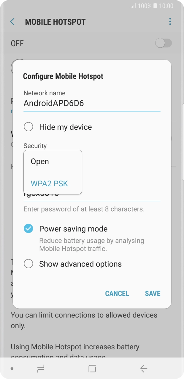 Press WPA2 PSK to password protect your Wi-Fi hotspot. Press WPA2 PSK to password protect your Wi-Fi hotspot.
