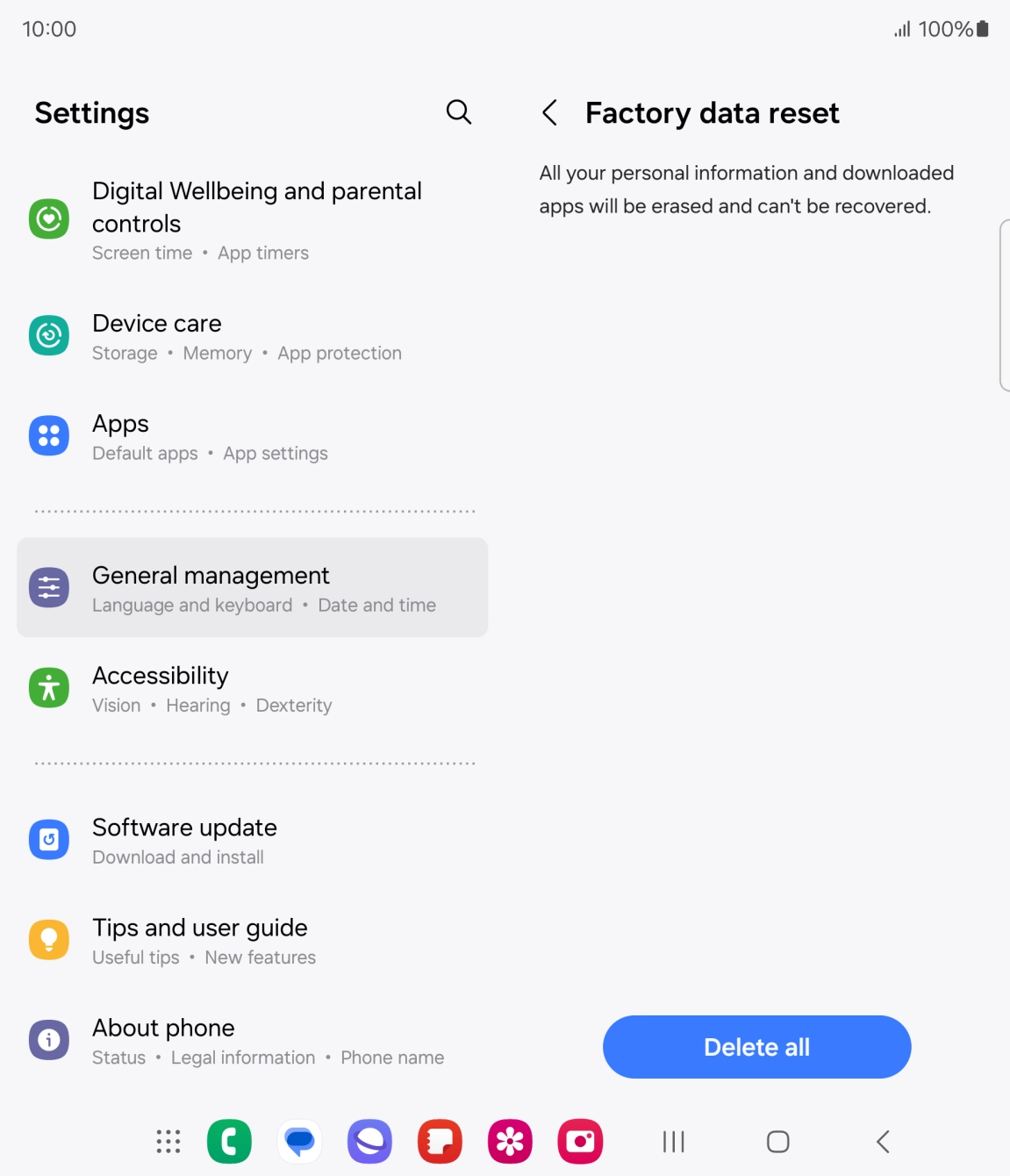Press Delete all. Wait a moment while the factory default settings are restored. Follow the instructions on the screen to set up your phone and prepare it for use. Press Delete all. Wait a moment while the factory default settings are restored. Follow the instructions on the screen to set up your phone and prepare it for use.