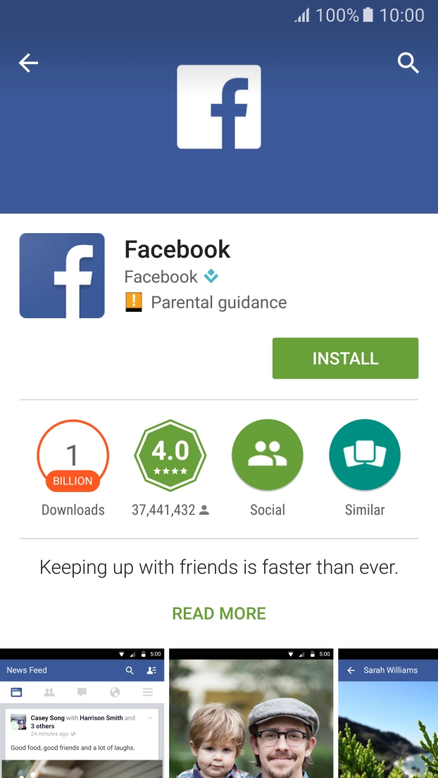 Press INSTALL and wait while Facebook is installed. Press INSTALL and wait while Facebook is installed.
