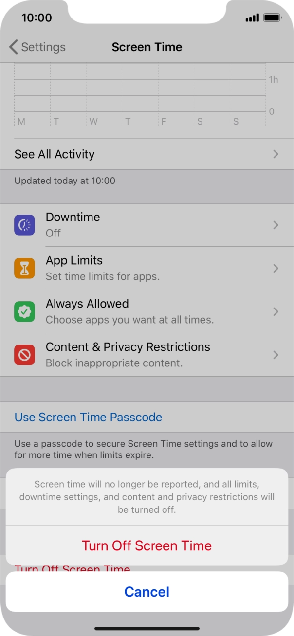 Press Turn Off Screen Time. Press Turn Off Screen Time.