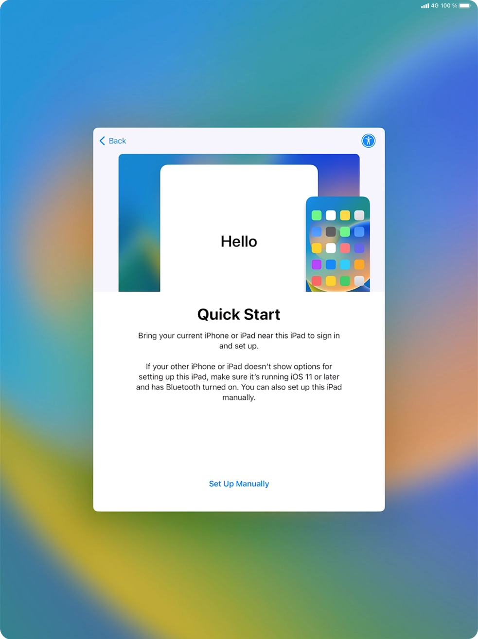 Follow the instructions on the screen to transfer content from another device running iOS 11 or later or press Set Up Manually. Follow the instructions on the screen to transfer content from another device running iOS 11 or later or press Set Up Manually.