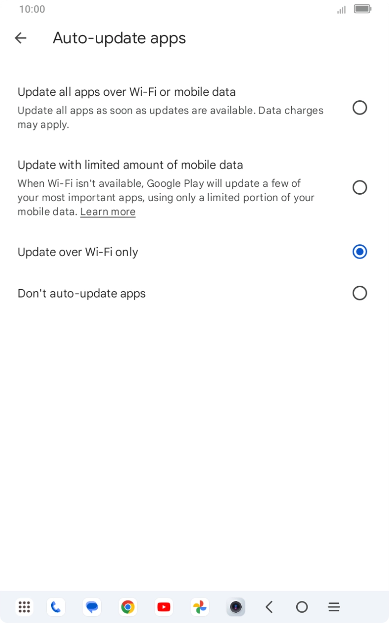 To turn on automatic update of apps using mobile network, press Update all apps over Wi-Fi or mobile data. To turn on automatic update of apps using mobile network, press Update all apps over Wi-Fi or mobile data.