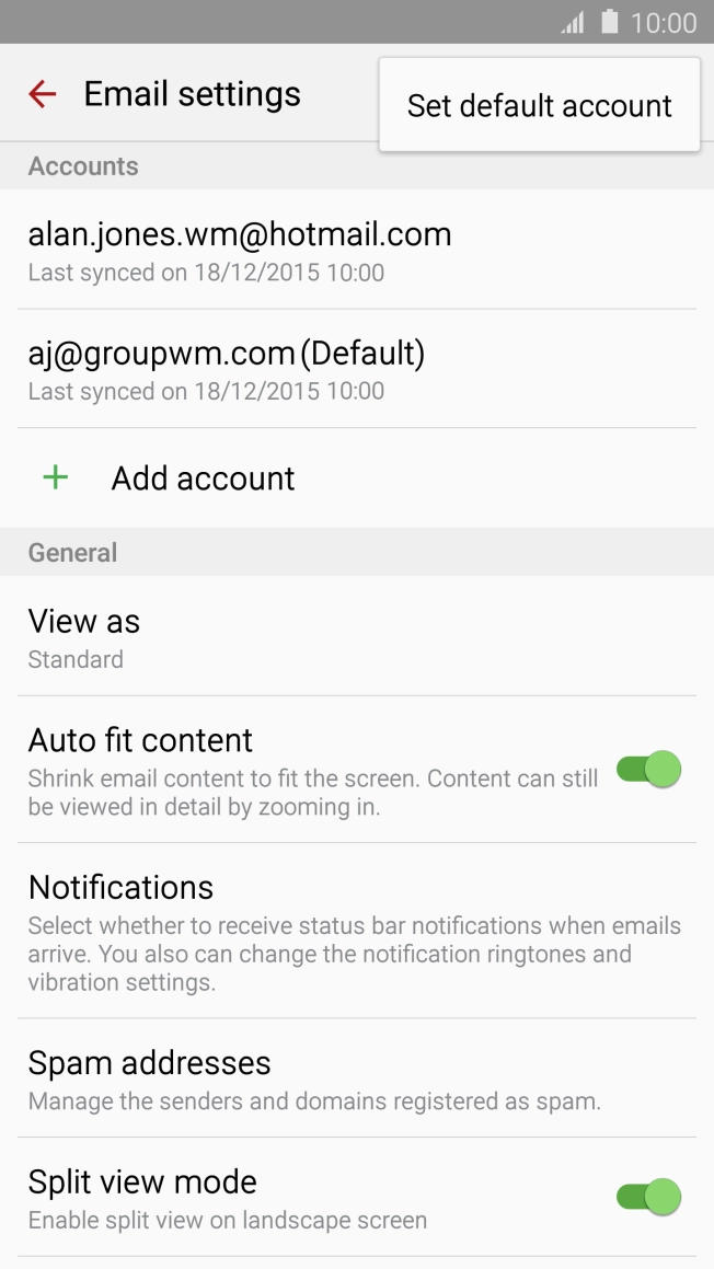 Press Set default account. Press Set default account.