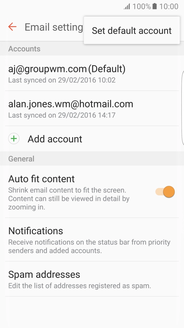 Press Set default account. Press Set default account.