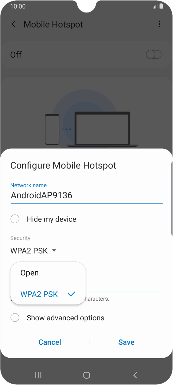 Press WPA2 PSK to password protect your Wi-Fi hotspot. Press WPA2 PSK to password protect your Wi-Fi hotspot.