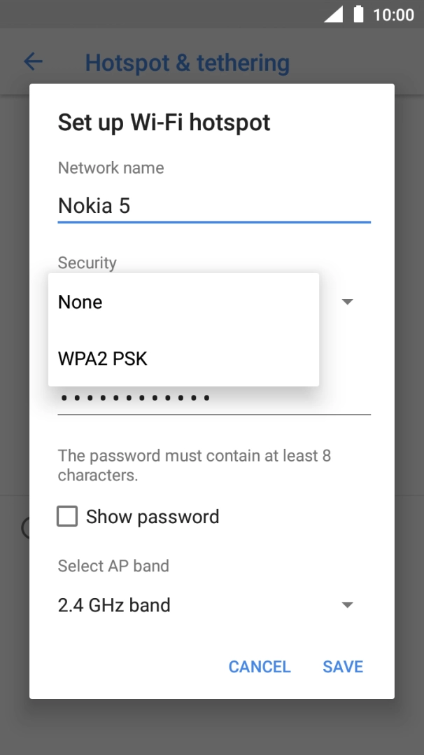 Press WPA2 PSK to password protect your Wi-Fi hotspot.