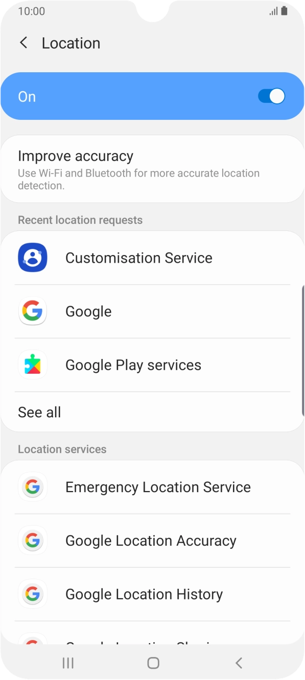 Press Google Location Accuracy. Press Google Location Accuracy.