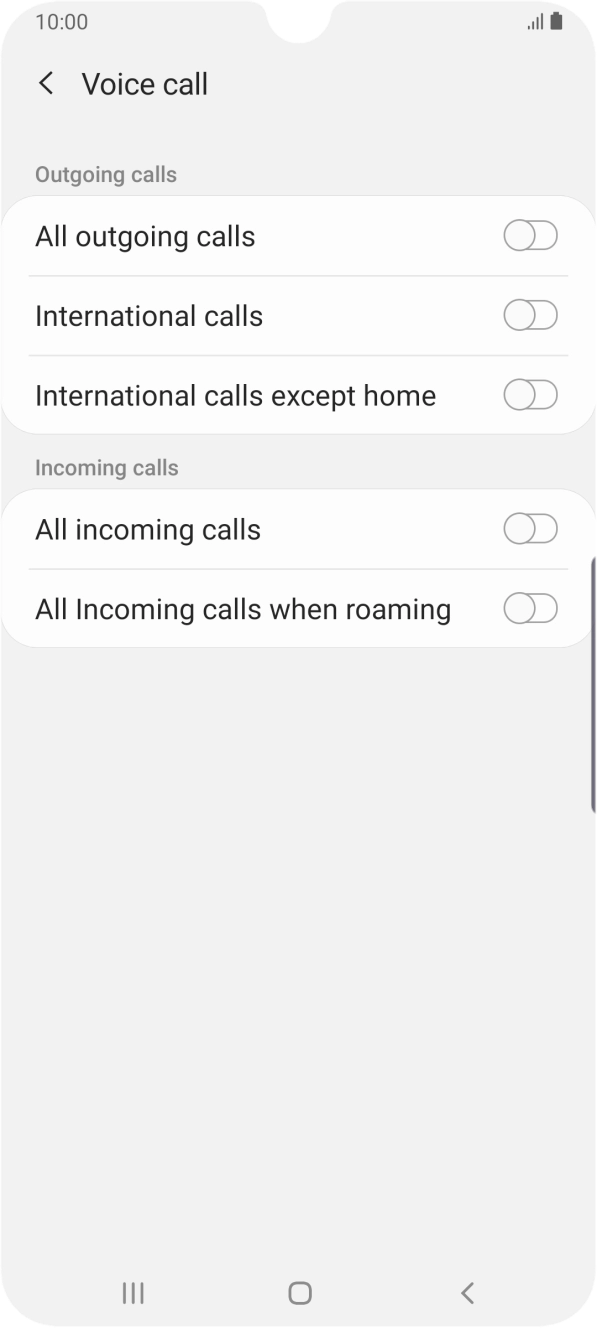 Press the indicator next to the required barring type to turn the function on or off. Press the indicator next to the required barring type to turn the function on or off.