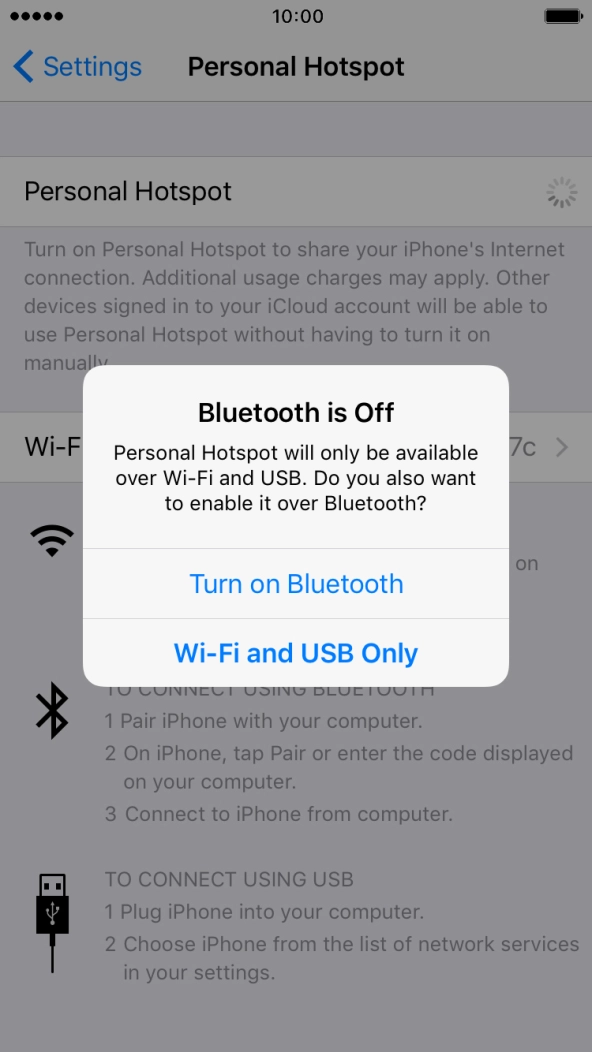 Press WiFi and USB Only. An internet connection from your computer via your phone is automatically established.