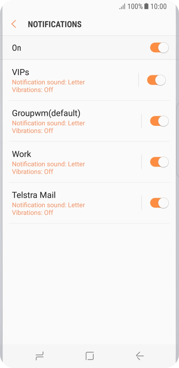 Press the indicator next to the required email account to turn the function on or off. Press the indicator next to the required email account to turn the function on or off.