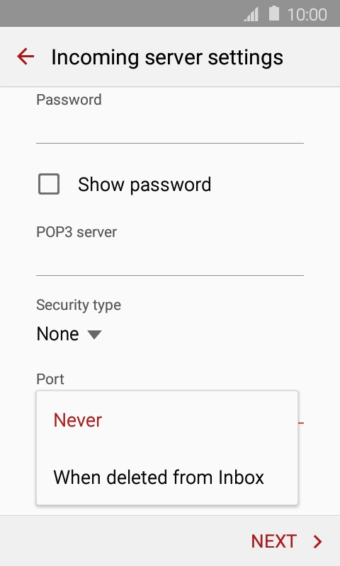 Press Never to keep email on the server when you delete them on your phone. Press Never to keep email on the server when you delete them on your phone.