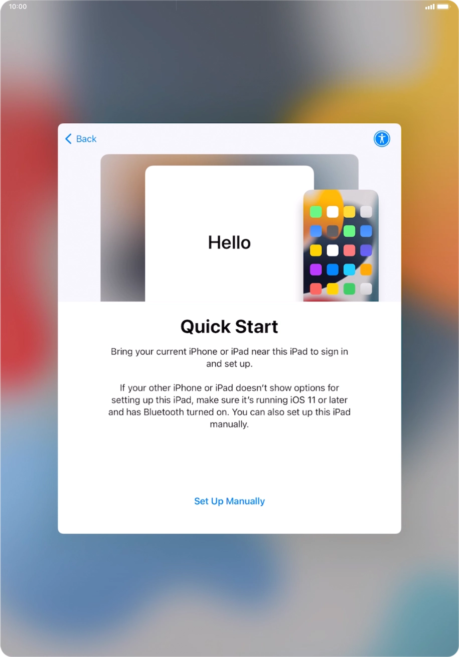 Follow the instructions on the screen to transfer content from another device running iOS 11 or later or press Set Up Manually. Follow the instructions on the screen to transfer content from another device running iOS 11 or later or press Set Up Manually.